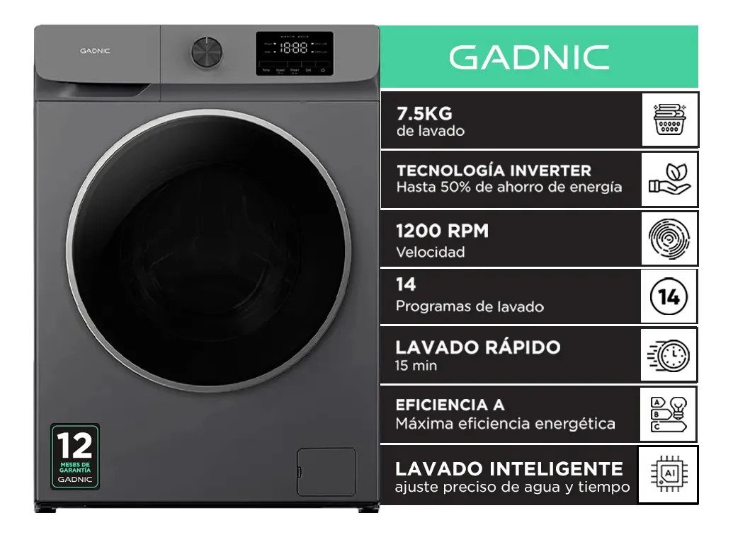 Lavarropas Automatico Gadnic Carga Frontal 75 Kg Motor Inverter 1200 Rpm 14 Programas Clase Energetica A Ultra Slim Design