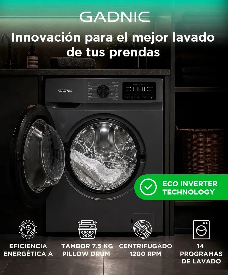 Lavarropas Automatico Gadnic Carga Frontal 75 Kg Motor Inverter 1200 Rpm 14 Programas Clase Energetica A Ultra Slim Design detalle 1