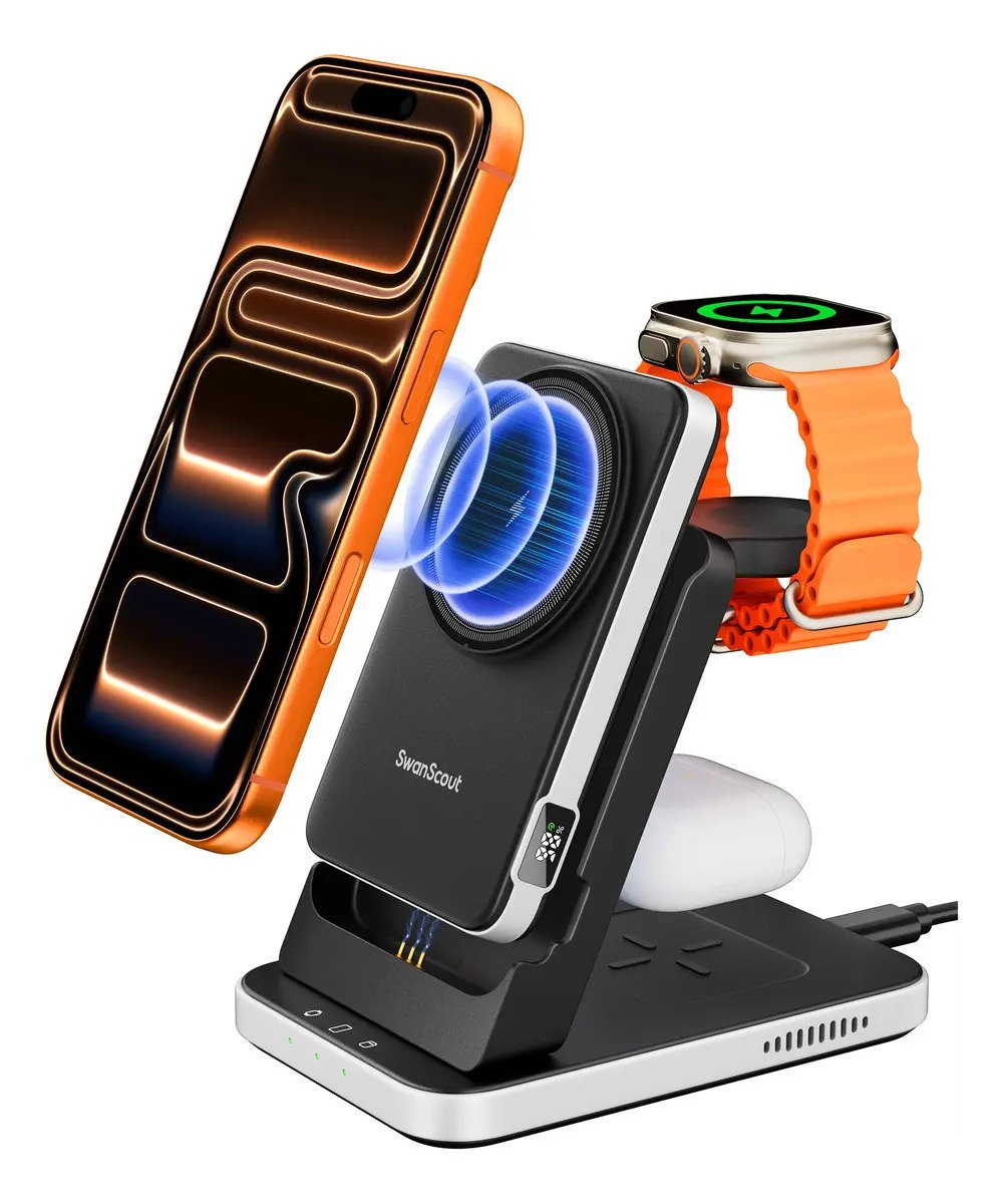 Swanscout 304m 3 En 1 Estacion De Carga Inalambrica Magnetica Power Bank 5000mah Compatible Con Magsafe Soporte Para Iphone 17 Air171615141312 Apple Watch Y Airpods