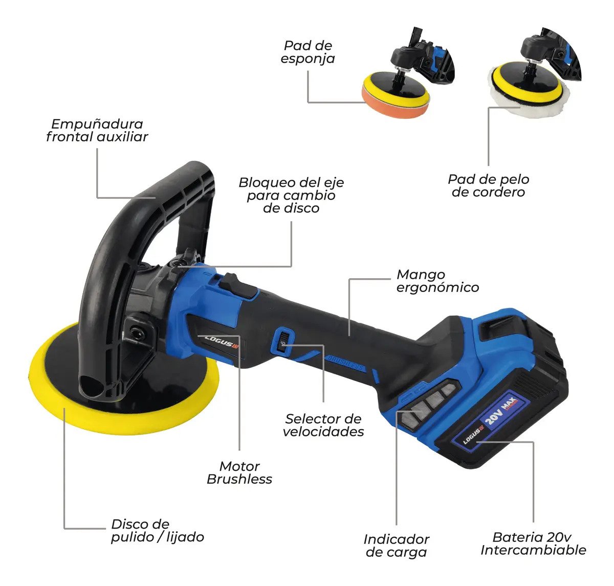 Pulidora Lijadora Logus 20v Inalambrica Brushless Incluye Accesorios