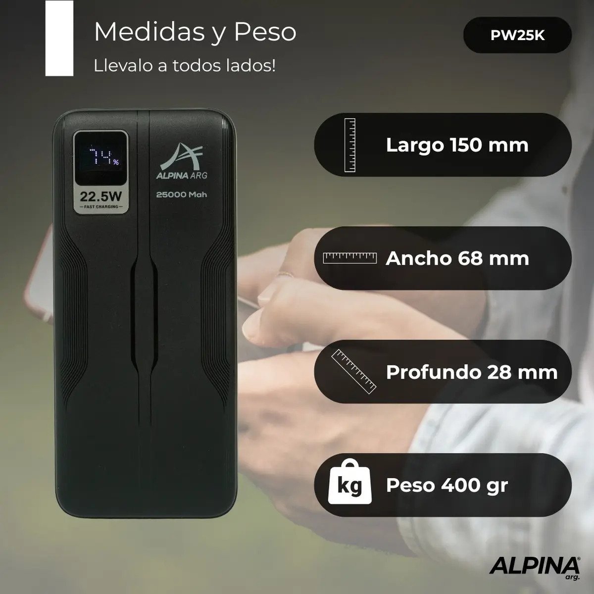 Powerbank Alpina Cargador Portatil 25000mah Ultra Rapida Negro