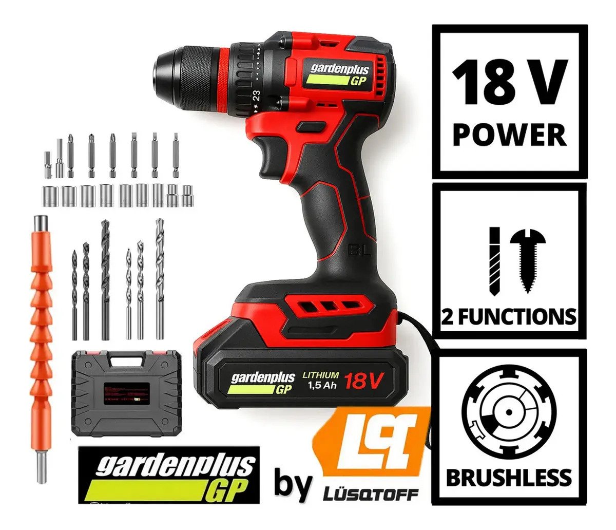 Taladro Brushless Atornillador Gp Garden Plus De Lusqtoff Lh 199bk Bateria Inalambrico 18v Mandril 10mm Metalico Con Regulador De Velocidad