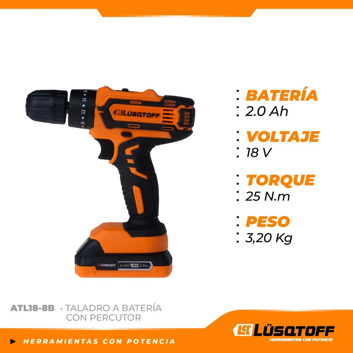 Taladro Percutor Atornillador Inalambrico Lusqtoff Atl18 8b 18v 2 Baterias Cargador