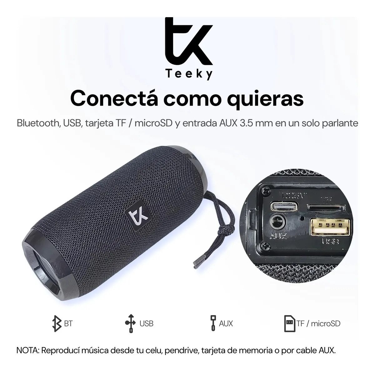 Parlante Bluetooth Portatil Teeky Tg 117 Negro Inalambrico Con Radio Usb
