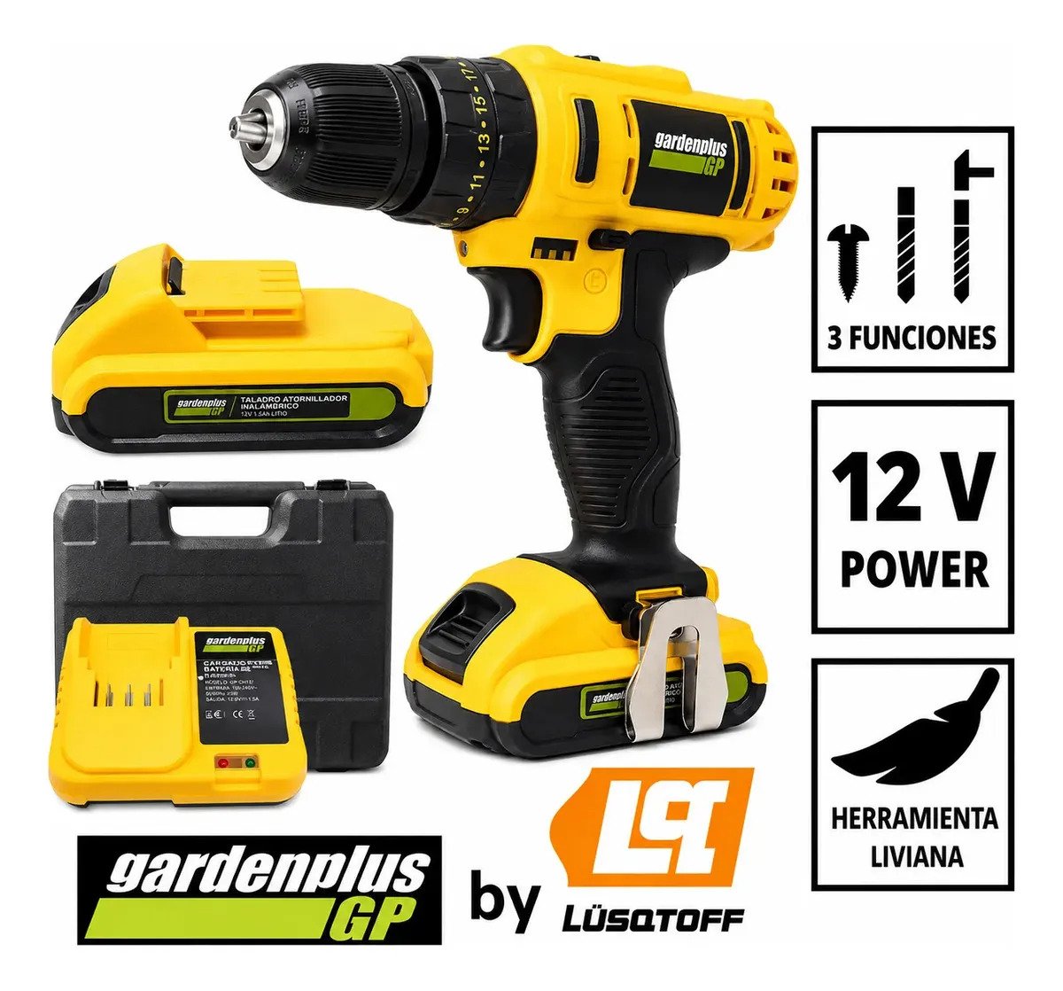 Taladro Atornillador Percutor Gp Garden Plus De Lusqtoff 2 Baterias Inalambrico Mandril 10mm Con Regulador De Torque