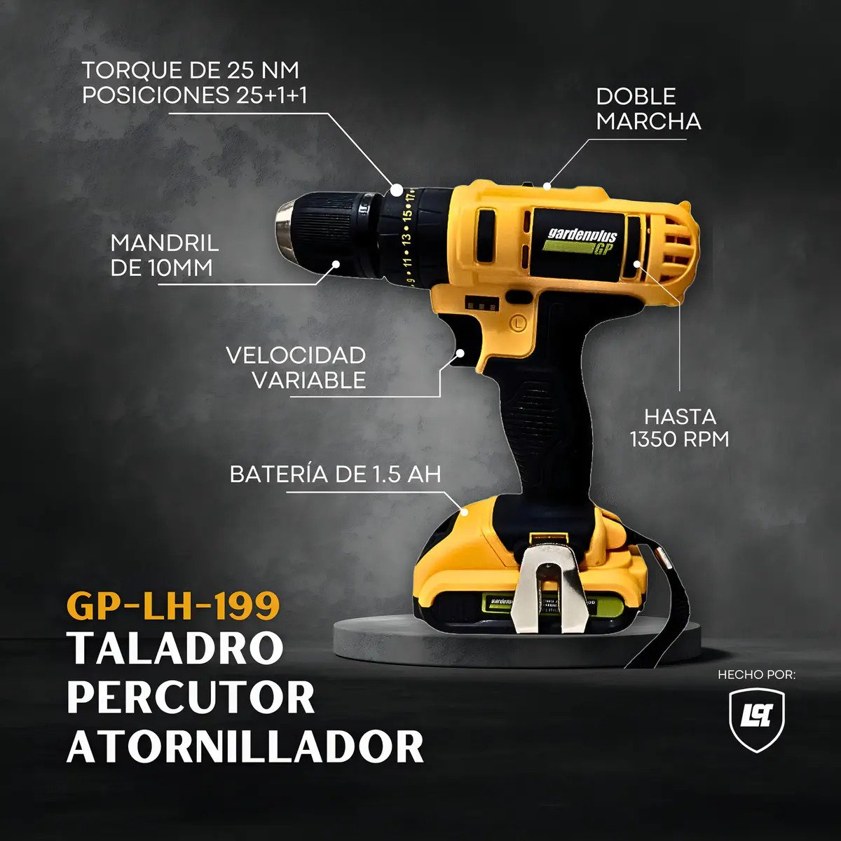 Taladro Atornillador Percutor Gp Garden Plus De Lusqtoff 2 Baterias Inalambrico Mandril 10mm Con Regulador De Torque