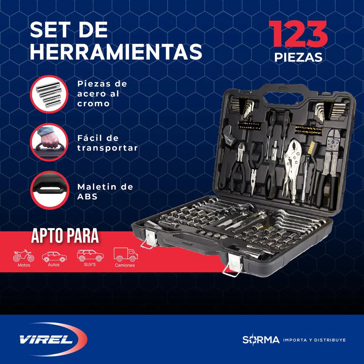 Set 123 Herramientas Virel Kit Llave Tubo Acero Cromo Vanadio Auto Camion