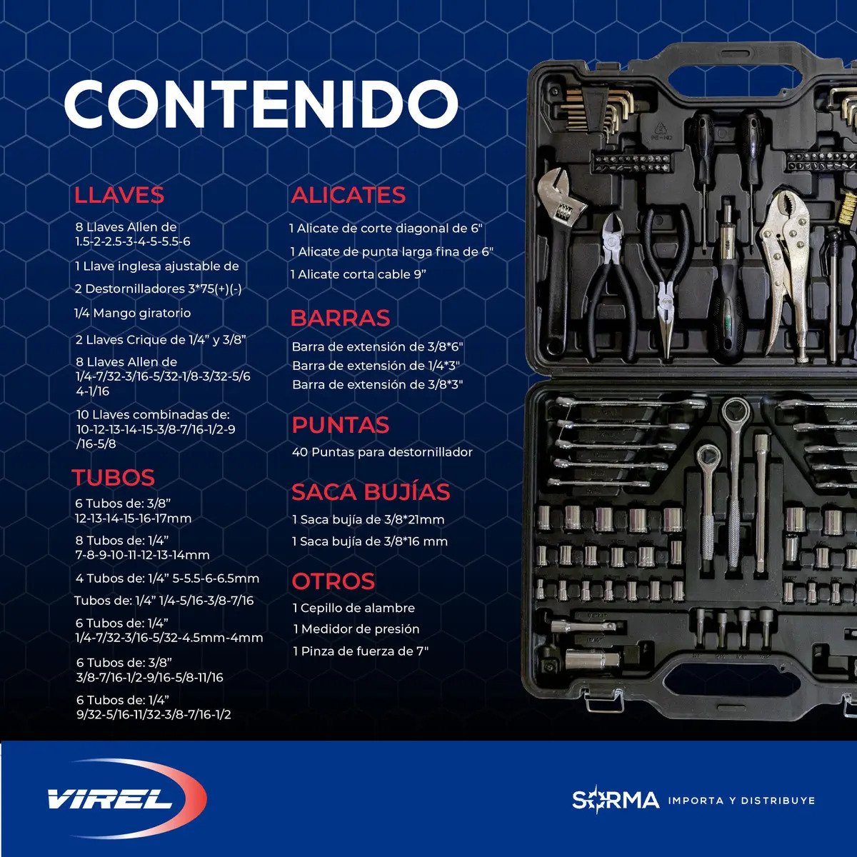 Set 123 Herramientas Virel Kit Llave Tubo Acero Cromo Vanadio Auto Camion