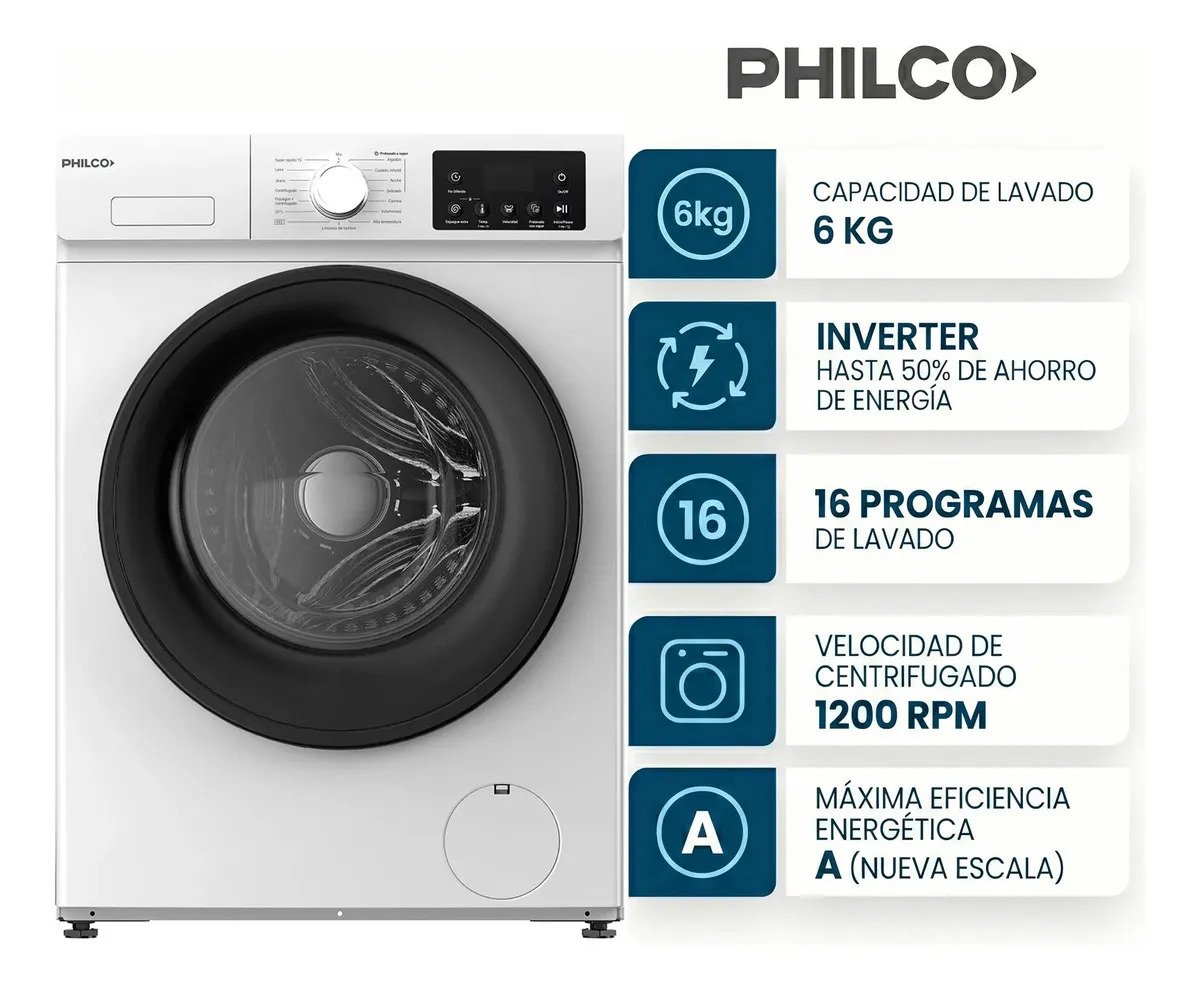Lavarropas 6kg Carga Frontal Philco Inverter