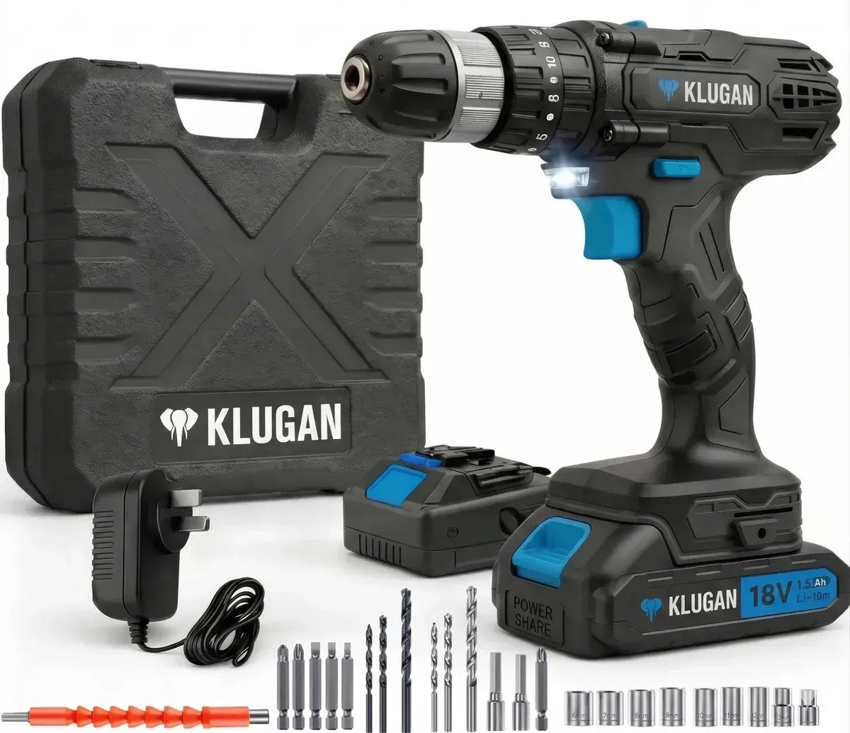 Taladro Atornillador Percutor Inalambrico Klugan 10mm Tip 18