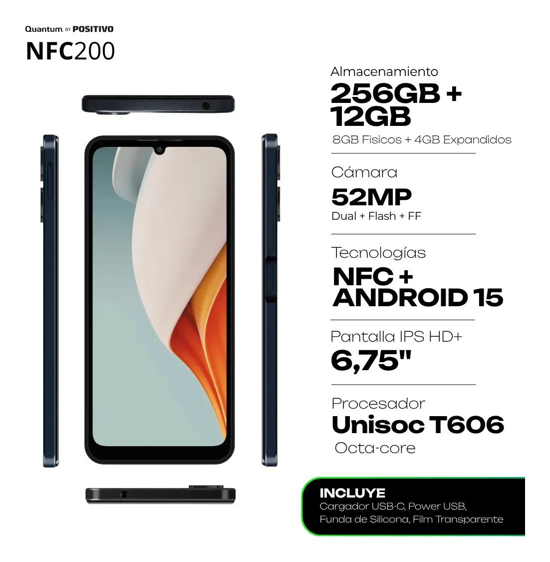 Celular Quantum Nfc200 256 Gb 8 Gb Ram Camara 50 Mp Pantalla 682 Fhd Nfc Negro detalle 2