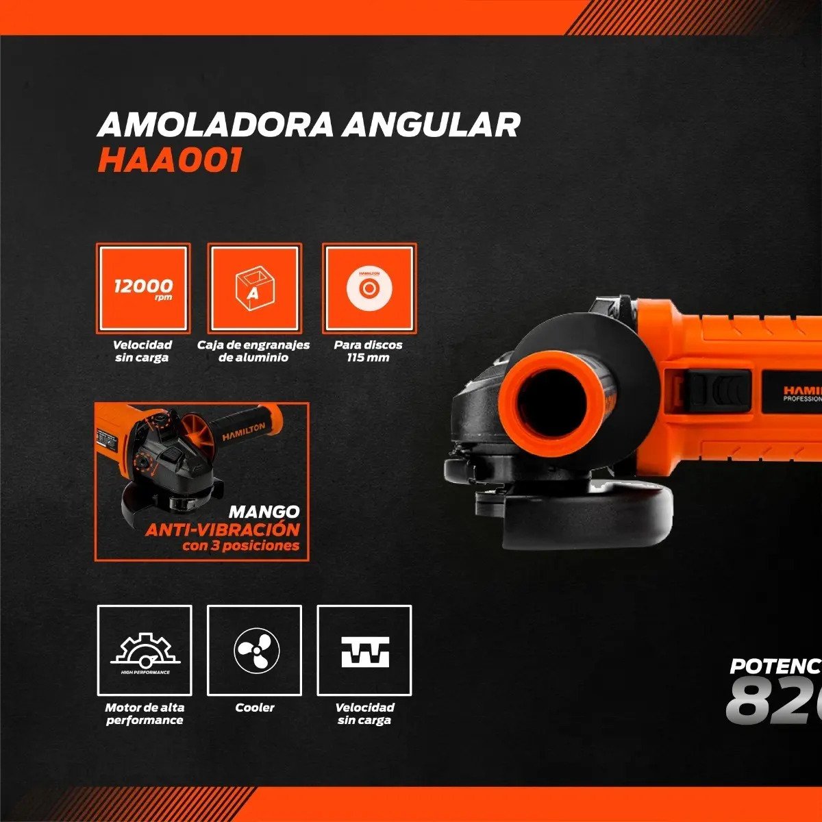 Amoladora Angular 115mm Hamilton 850w Haa001 Color Naranja Frecuencia 50 Hz60 Hz