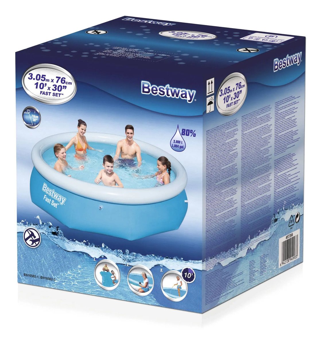 Pileta Inflable Redonda Bestway Fast Set 57266 Liso De 305m X 76cm 3638l Azul Caja