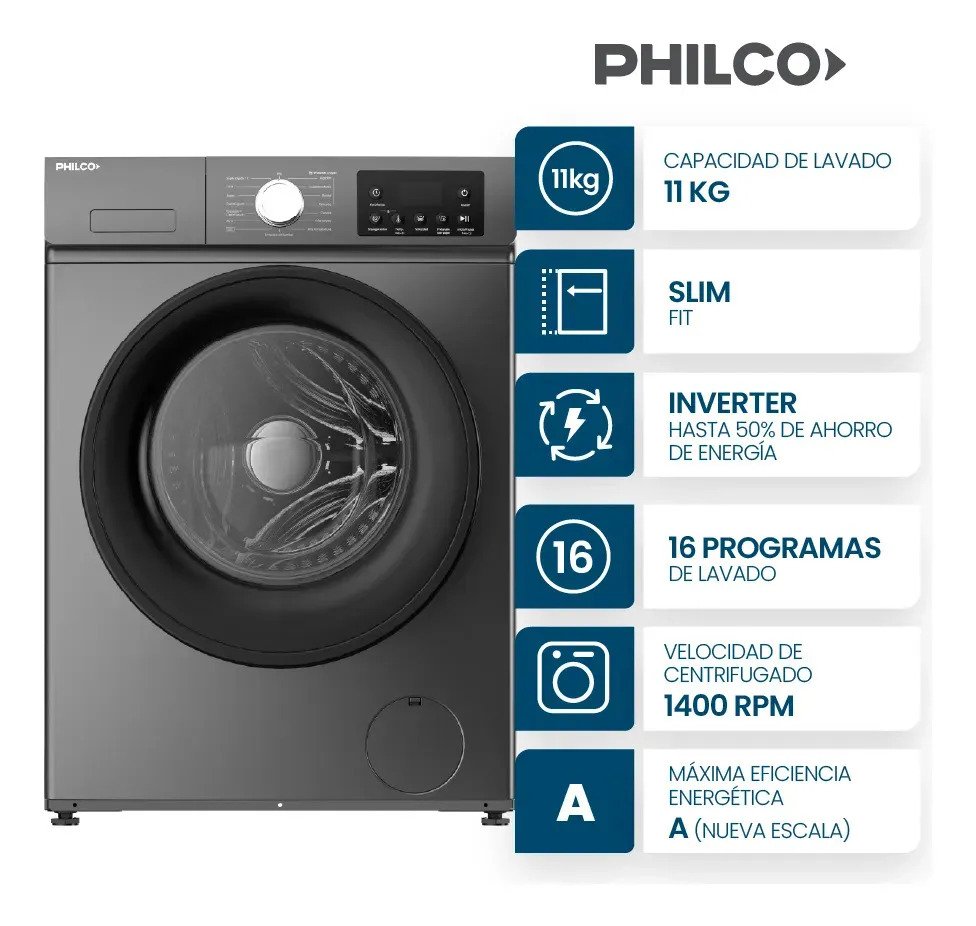 Lavarropas Philco 11 Kg Carga Frontal Inverter Slim Fit Grey