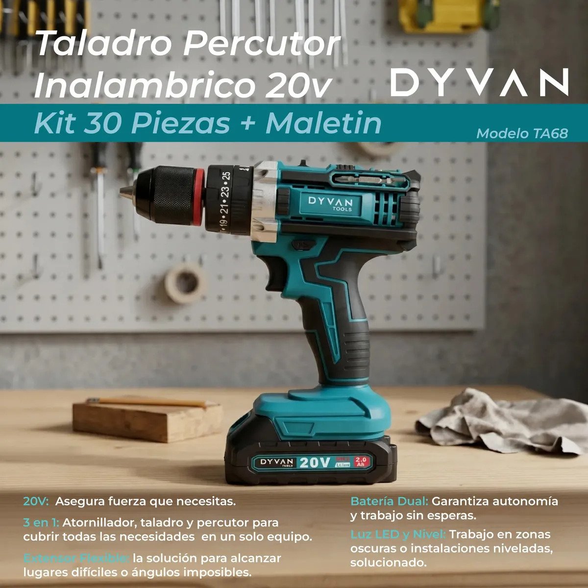 Taladro Percutor Inalambrico Dyvan 20v Con Maletin Y Accesorios