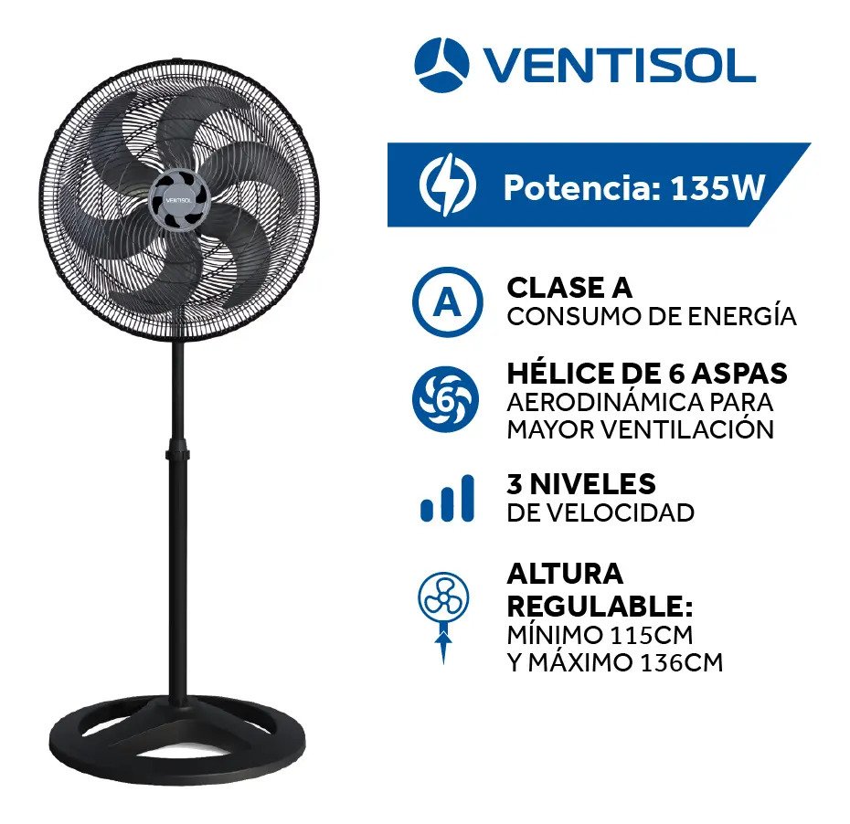Ventilador De Pie Ventisol Vp3853v 6 Aspas Funcion Turbo Negro