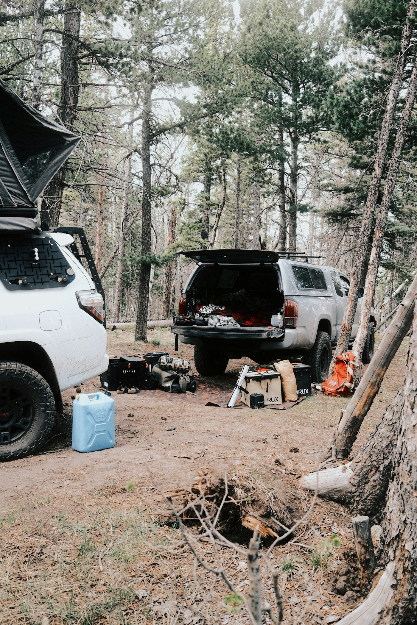 Vehículos estacionados en un campamento con equipo de acampada y conservadora