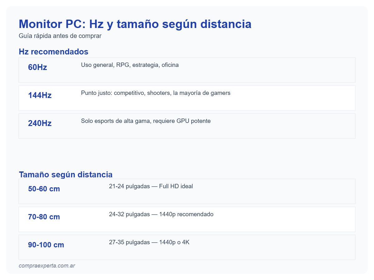 Infografía con tabla de Hz recomendados por tipo de uso y tamaño de monitor según distancia de escritorio