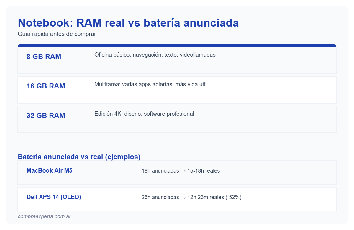 Infografía con tabla de RAM recomendada por uso y comparación de batería anunciada vs real en notebooks