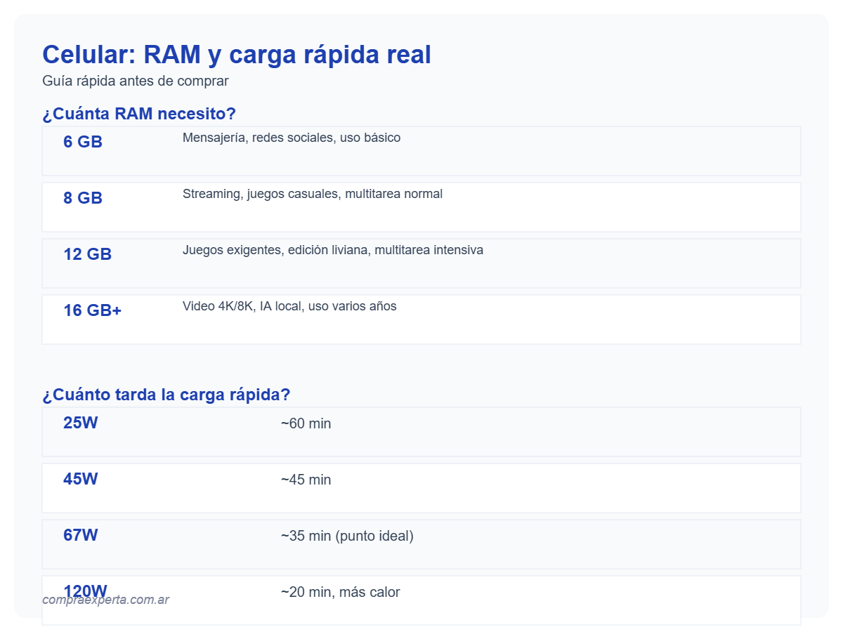 Infografía con tabla de GB de RAM recomendados por tipo de usuario y tiempos de carga rápida según watts para celular